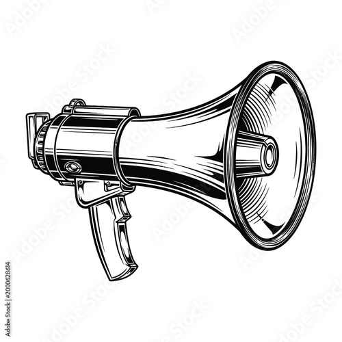Bullhorn megaphone loudspeaker for amplifying voice on white background