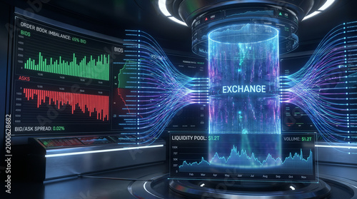 Futuristic Financial Exchange Center with Holographic Data Screens and Stock Market Analytics