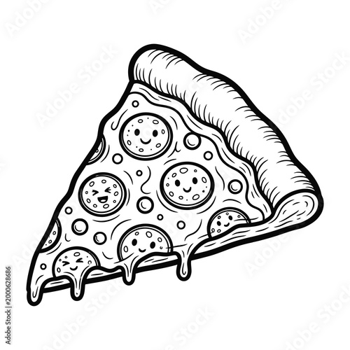 Delicious melted cheese pizza slice with smiling faces on toppings