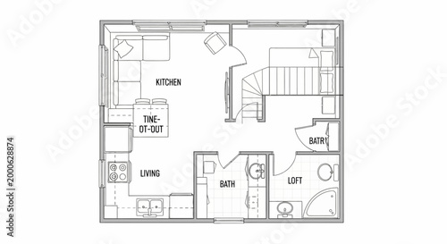 Small Two-Story House Floor Plan with Kitchen, Living, and Bath on Isolated White Background, Compact Residential Loft Design
