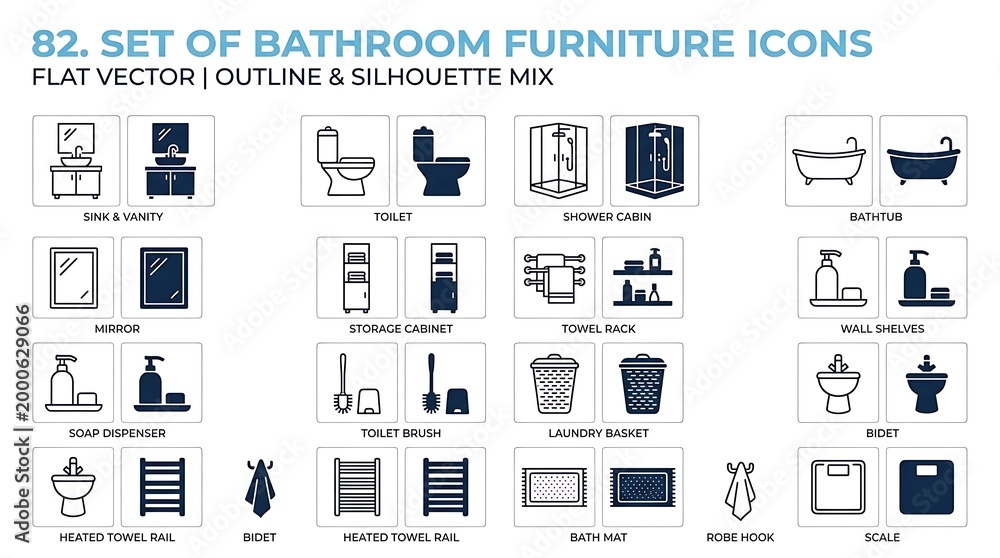 Fototapeta premium Bathroom Furniture Icons Vector Set.