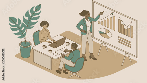 Diverse team collaborates in modern office with laptops, charts, and large plant during.