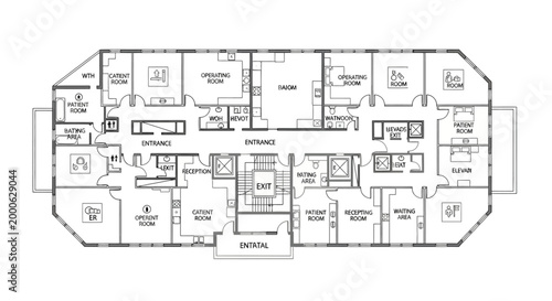 Hospital Floor Plan Layout with Patient Rooms and Operating Theaters on Isolated White Background, Medical Healthcare Facility Blueprint