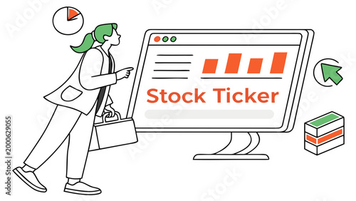 Illustration of a businesswoman with green hair holding a briefcase and pointing at a stock ticker.