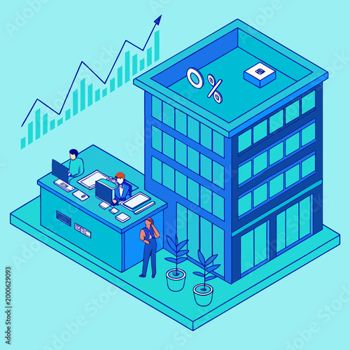 Illustration of a modern office building with workers, stock charts, and financial symbols.