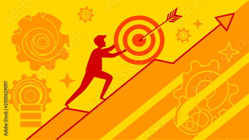 Illustration of a person pushing a target uphill with gears and stars on vibrant background.