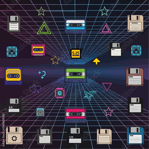 Retro-themed illustration featuring a grid background with various cassette tapes and floppy disks