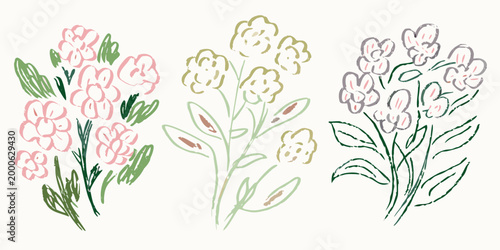 three floral clusters with delicate petals and green leaves on white background high quality professional