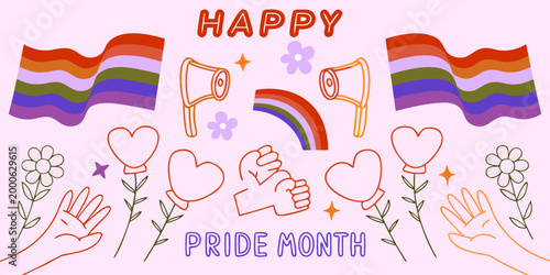 happy pride month illustration with rainbow flags hearts and flowers high quality professional detailed modern