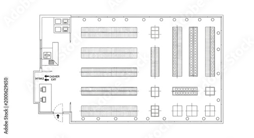 Top View Retail Space Floor Plan with Racks, Cash Registers, and Entrance/Exit on Isolated White Background, Commercial Store Blueprint