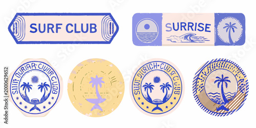 surf club and sunrise themed stamps in blue and beige colors high quality professional detailed