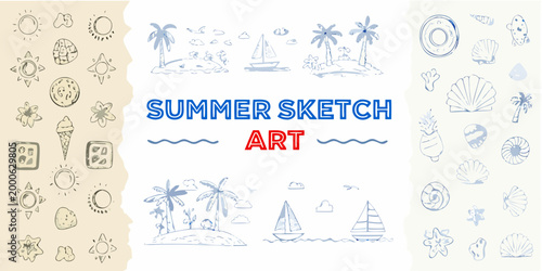 summer sketch art with blue line drawings of palm trees boats and shells high quality