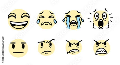 Set of eight cartoon emoji faces expressing various emotions.