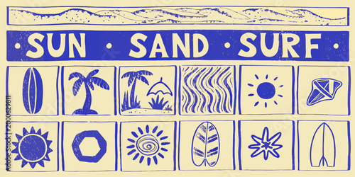 sun sand surf poster with blue line art icons on beige background high quality professional