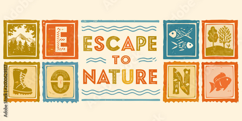 escape to nature banner with colorful nature themed stamps and text high quality professional detailed
