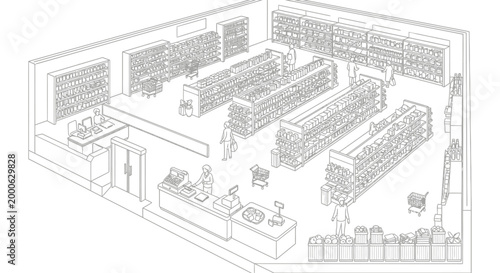 Isometric Supermarket Layout Illustration on Isolated White Background, Detailed Grocery Store Floor Plan with Shelves and Cashiers
