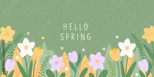 hello spring text with colorful flowers on green background high quality professional detailed modern elegant