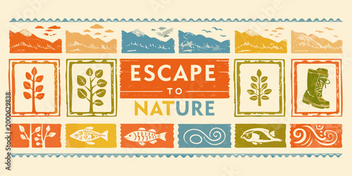 escape to nature banner with colorful mountains plants fish and boot high quality professional detailed