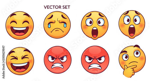 Set of eight expressive cartoon emoji faces showing various emotions.