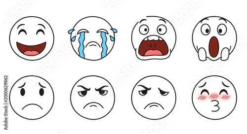 Set of eight expressive cartoon faces showing different emotions.