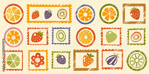 colorful fruit stamps with strawberries oranges and lemons high quality professional detailed modern elegant stylish
