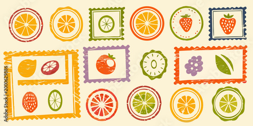 colorful fruit stamps with oranges strawberries and pineapples high quality professional detailed modern elegant stylish