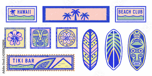 colorful hawaiian stamps and surfboards with tropical designs on white background high quality professional detailed