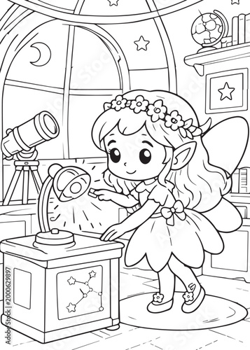coloring book page fairy learning astronomy in a cozy observatory with telescope and moon display