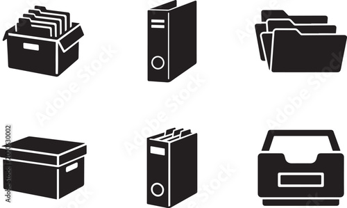 Archive folder icon set with binders and storage symbols in clean vector style isolated on white.