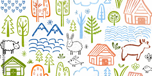 childlike rural scene with colorful houses animals trees and mountains high quality professional detailed modern