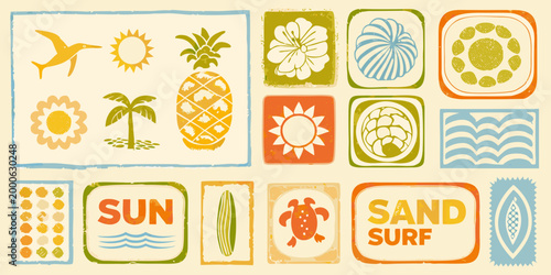 mid century surf beach culture collage with tropical symbols and patterns high quality professional detailed