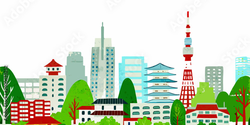 modern cityscape with traditional pagoda and skyscrapers colorful vector illustration high quality professional detailed elegant