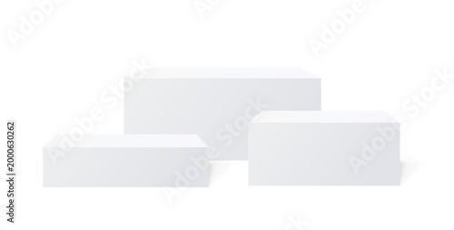 3D realistic white simple podium. Square display showroom or stage showcase. Platforms vector design for presentation or pedestal. Stage mockup 