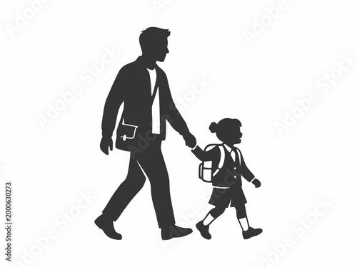 vector silhouette of father taking daughter to school on white background