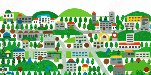 colorful village illustration with diverse houses and greenery high quality professional detailed modern elegant stylish