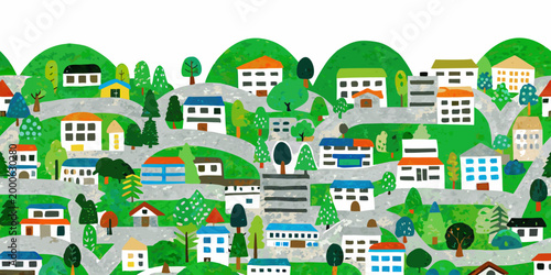 colorful village illustration with houses trees and hills high quality professional detailed modern elegant stylish