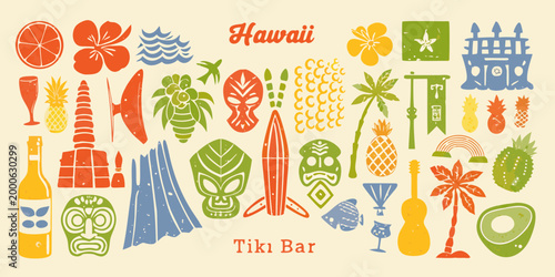 hawaiian themed icons with colorful tropical symbols and tiki bar elements high quality professional detailed