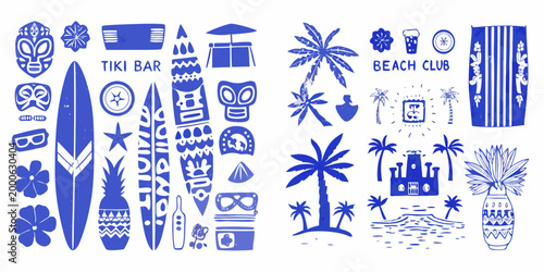 tropical icons set with palm trees surfboards masks and beach club elements high quality professional