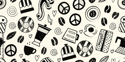 coffee themed doodle pattern with cups beans hearts and peace symbols high quality professional detailed