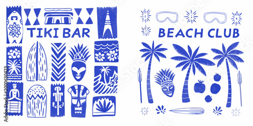 tropical themed illustrations with palm trees masks and beach club elements high quality professional detailed