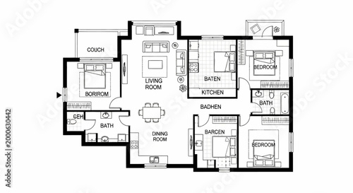 Compact Black and White Apartment Floor Plan with Living Room, Dining Room, Kitchen, and Multiple Bedrooms on Isolated White Background