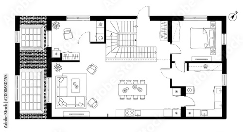 Detailed Black and White Multi-Story House Floor Plan with Living Room, Kitchen, Bedroom, and Staircase on Isolated White Background