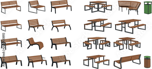 Tablou pe pânză Collection of modern outdoor park furniture vector including wooden benches picn