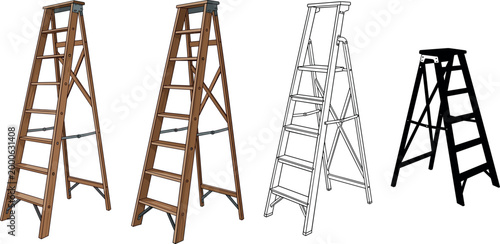 Collection of wooden and metal step ladders in different styles isolated on white background construction equipment vector illustration set