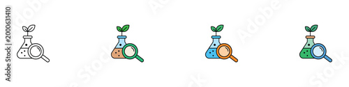 Plant research and biotech lab flask icon set with magnifying glass. Vector illustration of organic science, laboratory experiment, and nature biotechnology symbols in flat and outline styles.