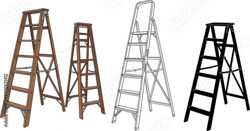 Set of wooden and metal step ladders in various sizes isolated on white background construction equipment vector illustration collection