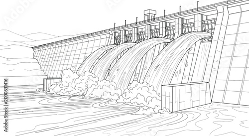 Massive concrete dam structure with controlled water flow from multiple spillways creating powerful splashes.