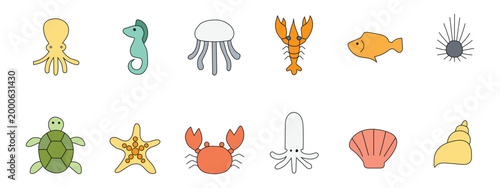 Sea animals and ocean life icon set with octopus, turtle, and crab. Vector illustration of marine creatures, underwater wildlife, and nautical symbols in flat outline style.