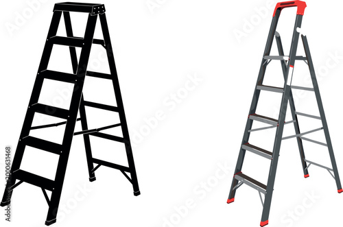 Two step ladder illustrations isolated on white background black silhouette and realistic aluminum folding ladder construction equipment vector set
