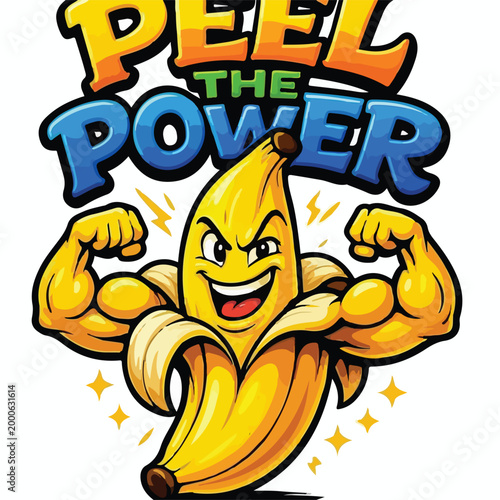 Muscular cartoon banana character flexing strong biceps muscles under peeling skin, illustrating the phrase "Peel the Power."